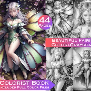 44 Beautiful Fairies Grayscale Coloring Pages- Adult Coloring Pages, Instant Download Commercial Use Grayscale Coloring Book Printable Files
