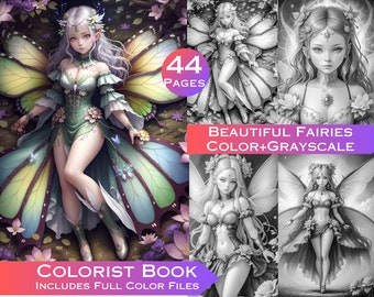 44 Beautiful Fairies Grayscale Coloring Pages- Adult Coloring Pages, Instant Download Commercial Use Grayscale Coloring Book Printable Files