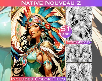 51 Native 2 American Beauties in the Art Nouveau Style Grey Scale Digital Colouring Pages Fantasy Adult Coloring Book. Colour Files Included
