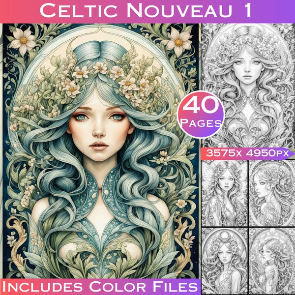 Celtic Art Nouveau 1. A Journey into the Timeless Beauty of Art Nouveau - A Grayscale Coloring Book Inspired by Alphonse Mucha Masterpieces