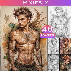 Könnte beinhalten: Eine kolorierbare Illustration eines Mannes mit muskulösem Körperbau, bedeckt mit komplizierten Tätowierungen aus Ranken und Blättern. Das Bild ist Teil eines 48-seitigen Malbuches mit dem Titel "Pixies 2".