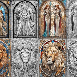 May include: A digital illustration of four stained glass panels. Two panels depict two women in flowing robes standing side-by-side. The other two panels depict a lion's head. The panels are in various stages of completion, with some showing color and others showing only outlines.