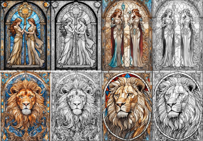 May include: A digital illustration of four stained glass panels. Two panels depict two women in flowing robes standing side-by-side. The other two panels depict a lion's head. The panels are in various stages of completion, with some showing color and others showing only outlines.