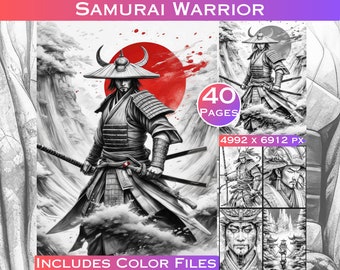 May include: A black and white illustration of a samurai warrior with a red sun behind him. The image includes 40 pages and is 4992 x 6912 pixels. It also includes color files.