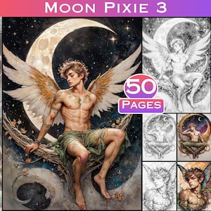 Könnte beinhalten: Ein Malbuch mit einer geflügelten Figur mit einem Halbmond dahinter. Die Figur sitzt auf einem Ast mit einem grünen Tuch um die Taille. Das Buch hat 50 Seiten.