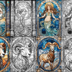 May include: A digital collage of stained glass style images. The top row features a woman with long flowing hair, wearing a blue and green dress, standing in a blue and green ocean. The bottom row features a brown ram with large horns, standing on a rocky landscape. The images are in various stages of completion, with some being fully colored and others being in black and white.