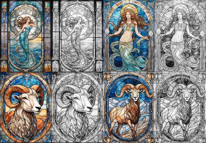 May include: A digital collage of stained glass style images. The top row features a woman with long flowing hair, wearing a blue and green dress, standing in a blue and green ocean. The bottom row features a brown ram with large horns, standing on a rocky landscape. The images are in various stages of completion, with some being fully colored and others being in black and white.