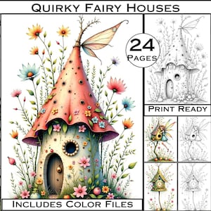 Quirky Greyscale Fairy Houses Coloring Book for Adults. Fairy Home Tree House Colouring Books PDF Print Ready Pages