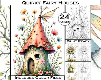 Libro para colorear de casas de hadas en escala de grises: 24 diseños extravagantes (descarga digital)