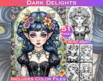 Gothic Fantasy Grayscale Coloring Book: 51 Printable Pages (Commercial Use, Digital Download)
