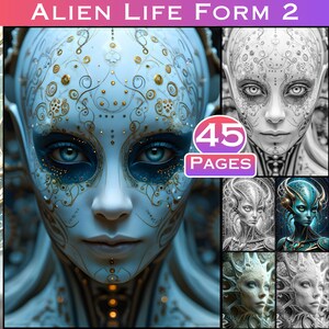 May include: Digital art featuring a detailed portrait of an alien with blue eyes and intricate gold and white facial designs. The image includes the text "ALIEN LIFE FORM 2" and "45 PAGES". Additional images showcase variations of the alien.