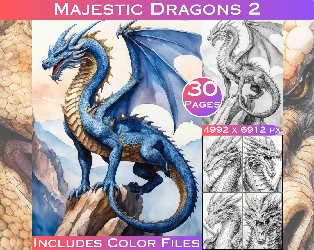 30 Majestic Dragons 2 Adult Coloring Pages Grayscale Colouring Book ...