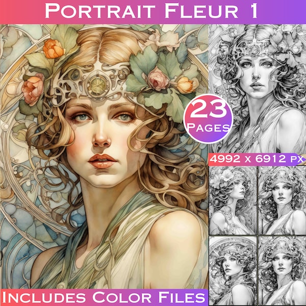 Portrait Fleur 1 Beautiful Art Nouveau Style Portraits Adult Coloring Pages Grayscale for Adults Commercial Use LargeDigitalPrints