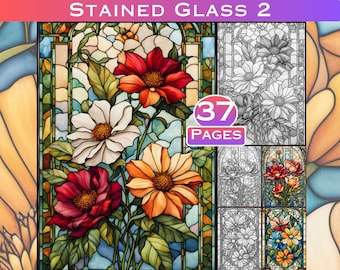 Floral Stained Glass Coloring Page: 37 Grayscale Designs (Printable PDF)