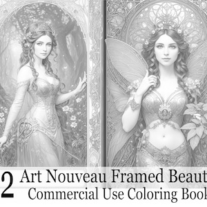 22 Coloring Pages of Beauties in an art nouveau style of Alphonse Mucha. 44 Pages in total with grey scale an color version.