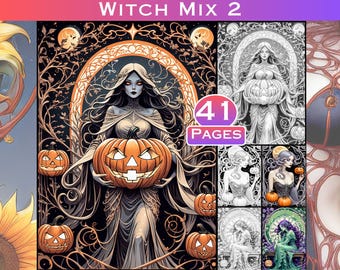 May include: A digital coloring book with 41 pages featuring illustrations of witches, pumpkins, and other Halloween imagery. The cover features a witch with long black hair holding a large pumpkin.