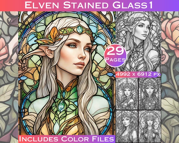 Stained Glass Elves Coloring Pages: Grayscale Art, Set 1 (Digital Download)