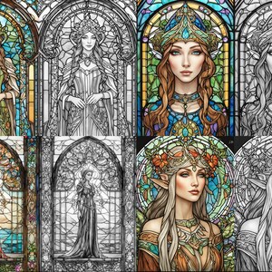 May include: A digital art illustration of a stained glass window featuring a woman with long brown hair wearing a crown and a green dress. The background is a stained glass design with blue, green, and yellow colors.
