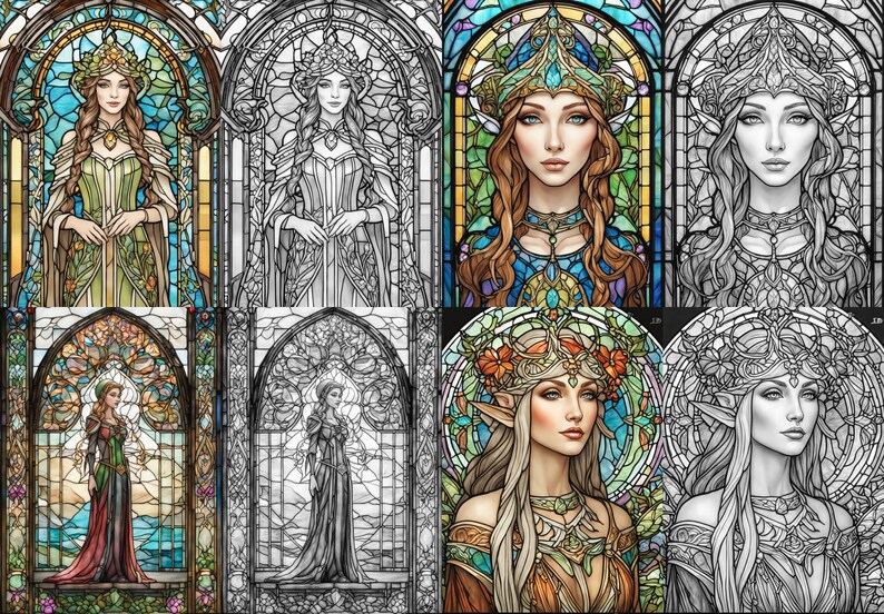 May include: A digital art illustration of a stained glass window featuring a woman with long brown hair wearing a crown and a green dress. The background is a stained glass design with blue, green, and yellow colors.