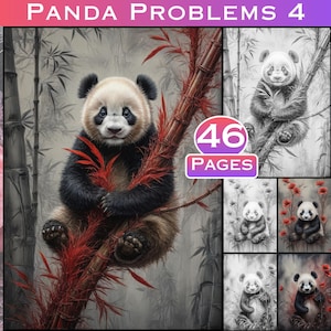 Pagine da colorare di panda 4 di 4 - Libro da colorare per adulti stampabile, illustrazioni in scala di grigi per rilassarsi e alleviare lo stress di Large Digital Prints