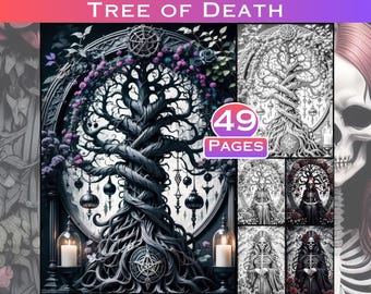 Tree of Death Coloring Book | 49 Halloween Grayscale Pages (Digital Download)
