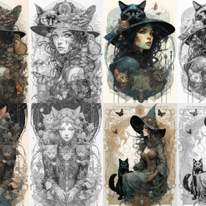 Grayscale Witches Coloring Pages: Art Nouveau Fantasy (Digital Download) image 5