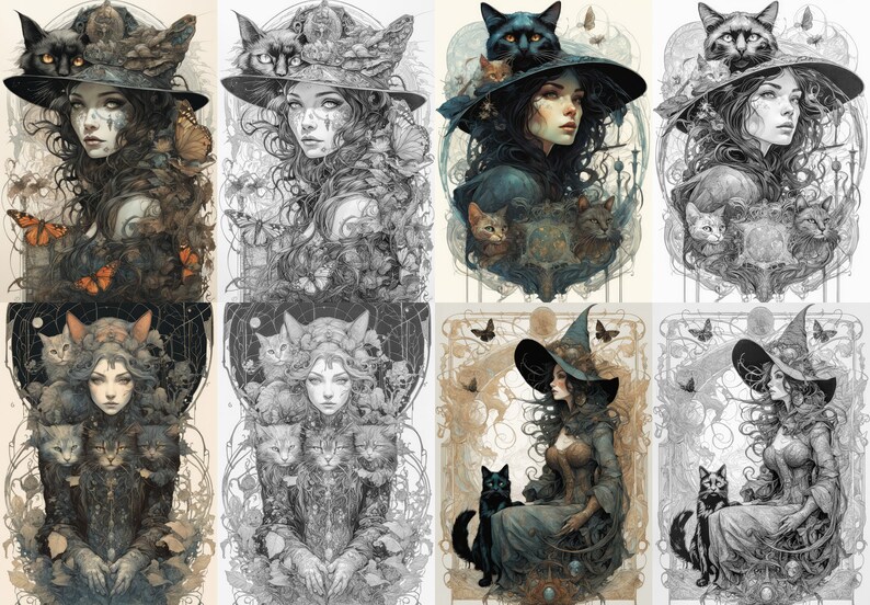 Grayscale Witches Coloring Pages: Art Nouveau Fantasy (Digital Download) image 5