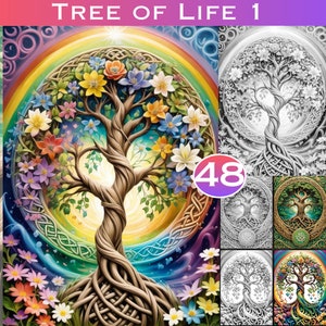 May include: A colorful tree of life design with a rainbow background and intricate details. The tree is surrounded by flowers and butterflies. The design is also available in black and white and green.