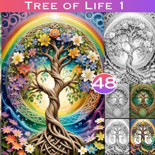 Tree of Life Coloring Book Printable Grayscale Coloring Book Grayscale Tree Coloring Pages Digital Download Celtic Tree of Life coloring