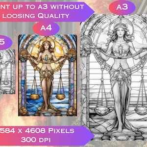 May include: A black and white line art illustration of a woman holding a scale. The woman is standing in a stained glass window with a blue, purple, and gold design. The text "PRINT UP TO A3 WITHOUT LOOSING QUALITY" is at the top of the image. The text "A3" is at the top right of the image. The text "A4" is at the top left of the image. The text "A5" is at the bottom left of the image. The text "3584 x 4608 PIXELS 300 DPI" is at the bottom of the image.