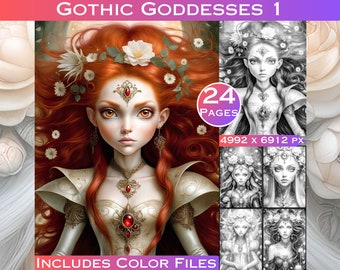 Gothic Goddesses Coloring Book: 24 Grayscale Pages, Commercial Use (Digital Download)
