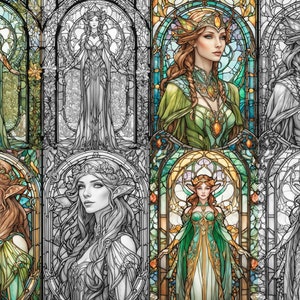 May include: A digital art illustration of a stained glass window featuring a woman with long brown hair and a crown. The woman is wearing a green dress with gold accents. The stained glass window is surrounded by a decorative frame.