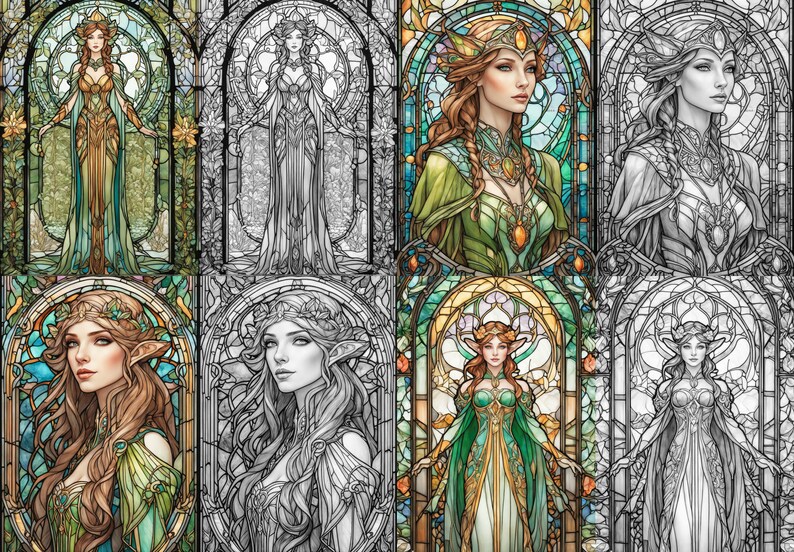 May include: A digital art illustration of a stained glass window featuring a woman with long brown hair and a crown. The woman is wearing a green dress with gold accents. The stained glass window is surrounded by a decorative frame.