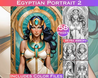 58 Egyptian Portraits 2. Art Nouveau Grayscale Coloring Book for Adult Relaxation Egyptian Coloring Pages. Instant Download, Commercial Use