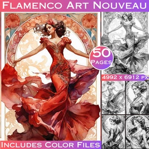 50 Flamenco Jugendstil Graustufen Ausmalbilder zum Ausdrucken. Spanischer Flamenco Tanz Entspannendes Malerlebnis für Erwachsene. Malbuch