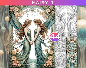 Libro para colorear para adultos en escala de grises con 44 escenas de hadas (descarga digital)
