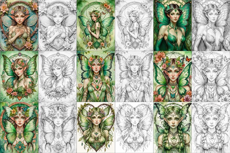 Op de afbeelding: Een digitale kleurplaat met tien verschillende illustraties van fee&euml;n met vleugels. Elke fee is afgebeeld met een ander kapsel, een andere outfit en een andere bloemenkrans. De fee&euml;n zijn omringd door bloemen en bladeren.
