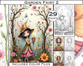 May include: A digital art print titled "Garden Fairy 2" showing a fairy in a garden. The fairy is wearing a hat and holding a candle holder. The image includes colorful flowers, butterflies, and the text "29 Pages," "Print Ready," and "Includes Color Files."