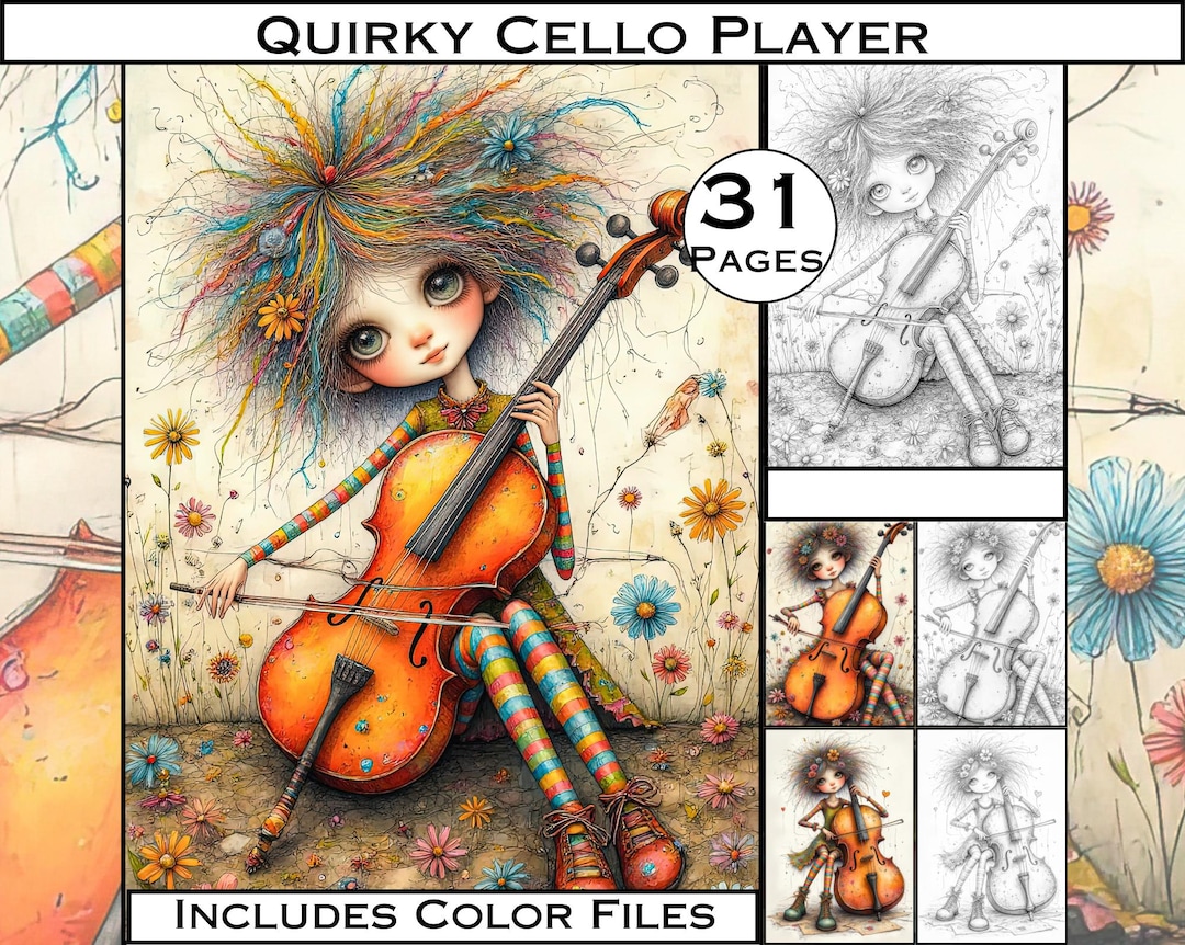Quirky Cello Player Coloring Book: 31 Grayscale Pages (PDF) - Etsy