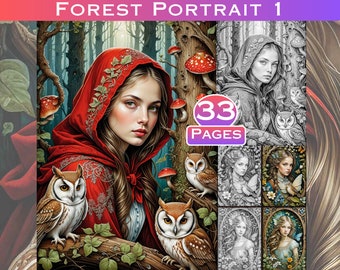 Forest Portrait 1 Beauty and Animal Portraits Grayscale Adult Coloring Pages with Full Color files Included and Commercial Use on Products.