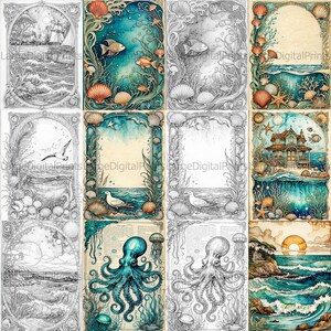 May include: A set of 10 printable coloring pages featuring underwater scenes. The pages include a variety of sea creatures, including an octopus, jellyfish, seahorses, and fish. The pages are perfect for adults and children who enjoy coloring.