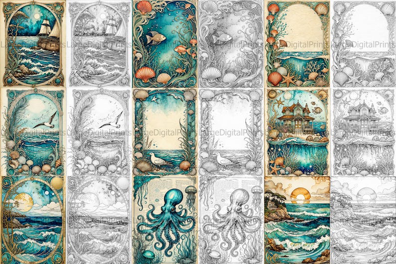 May include: A set of 10 printable coloring pages featuring underwater scenes. The pages include a variety of sea creatures, including an octopus, jellyfish, seahorses, and fish. The pages are perfect for adults and children who enjoy coloring.