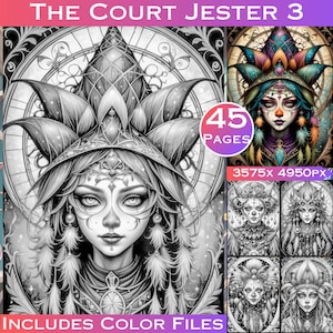 The Court Jester Set 3/4  45 Jesters Colouring Pages Grey scale + Colour Files Printable Halloween Cards Postcard Making Digital Download