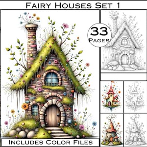 May include: A set of 33 printable colouring pages featuring whimsical fairy houses with intricate details. The houses are made of stone and have moss-covered roofs. The pages include colour files for inspiration.