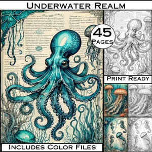 May include: A digital coloring book featuring an intricate illustration of an octopus with blue and teal tentacles, surrounded by seaweed and jellyfish. The book includes 45 pages and color files. "Underwater Realm" and "Print Ready" are written on the image.