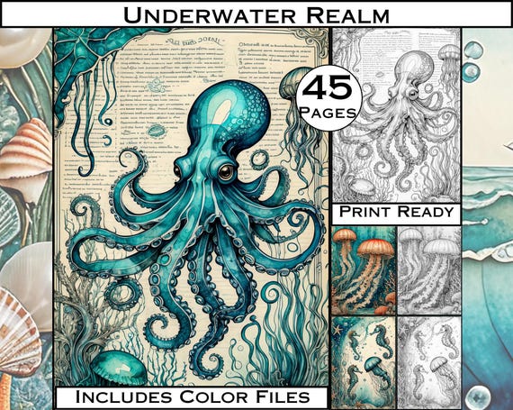 Sea Creatures Coloring Book: 45 Underwater Grayscale Pages (Digital Download)