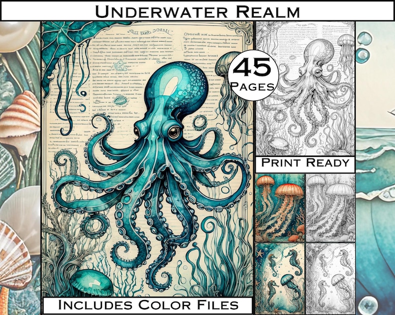 May include: A digital coloring book featuring an intricate illustration of an octopus with blue and teal tentacles, surrounded by seaweed and jellyfish. The book includes 45 pages and color files. "Underwater Realm" and "Print Ready" are written on the image.