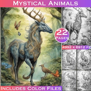 Animales místicos Libro para colorear en escala de grises Páginas para colorear de fantasía Páginas místicas para colorear para adultos en escala de grises LargeDigitalPrints Uso comercial