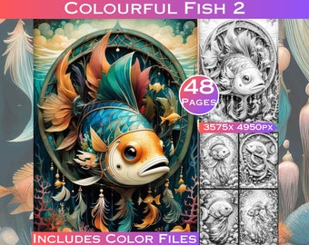 Colourful Fish Grayscale Coloring Book: Ocean Life Scenes (48 Pages) (Digital Download)