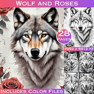 Greyscale Wolf Portraits Coloring Book: 28 Relaxing Pages (Digital Download)